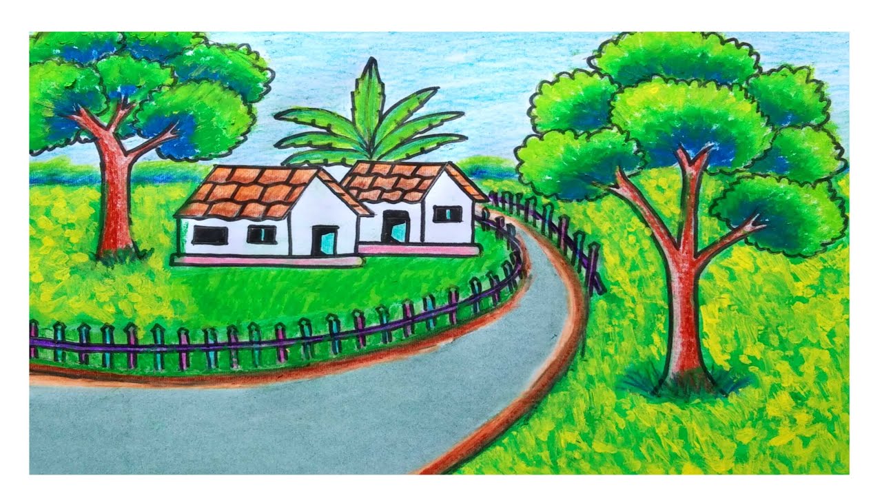 how to draw village scenery very easy step by step for beginners ...