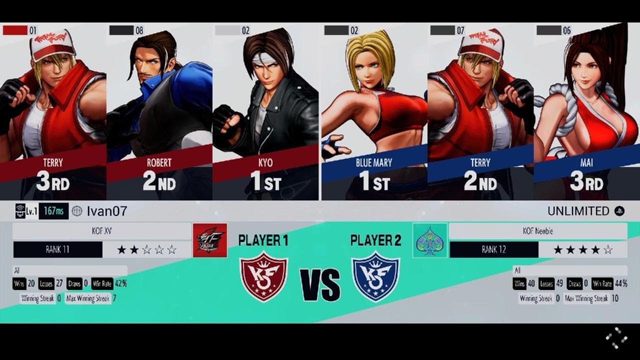 KOF XV_ Rank Mode Best 2 Out of 3 Fights. Blue Mary, Terry & Mai vs. Kyo, Robert & Terry