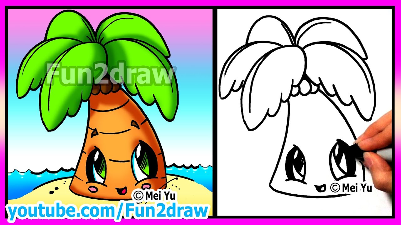 How To Draw Summer Cartoons Cute Easy Beach Palm Tree Fun2draw Drawings