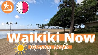 WAIKIKI NOW (2024) | 4K Morning Walk + Ocean Sounds [Current: 74°F/23°C] #treadmillwalk | OAHU