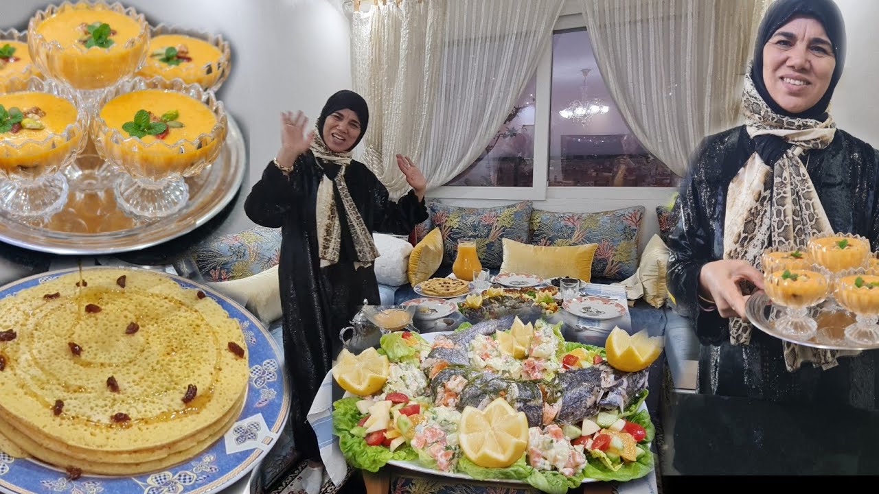 مائدة افطار 3رمضان بغرير الذرة بالزبيب #الميرلا معمرة بالكروفيت مع الخضر بالمايونيز#ديسير سريع وبنين