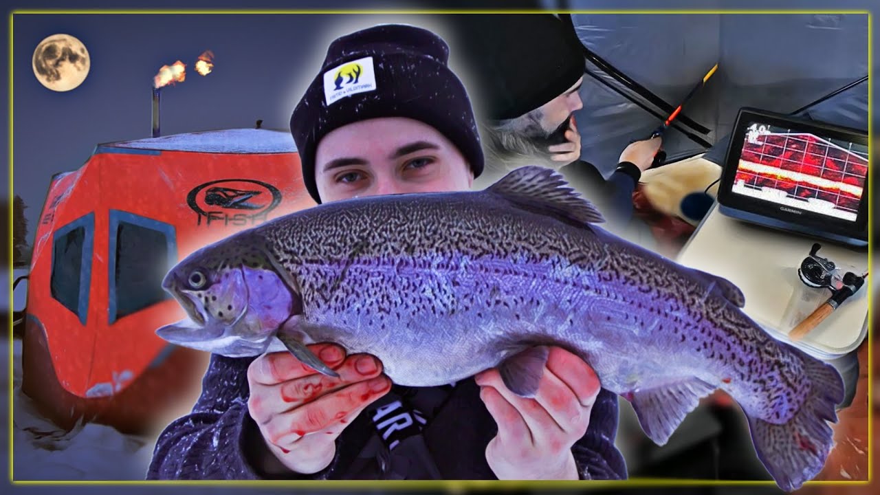 Övernattar ute i snöoväder och pimplar regnbåge - Isfiske med ekolod & Isfisketält