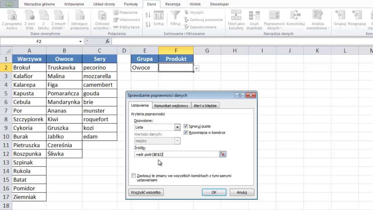 Excel - Dynamiczna zmiana listy rozwijanej na podstawie innej listy - porada #83