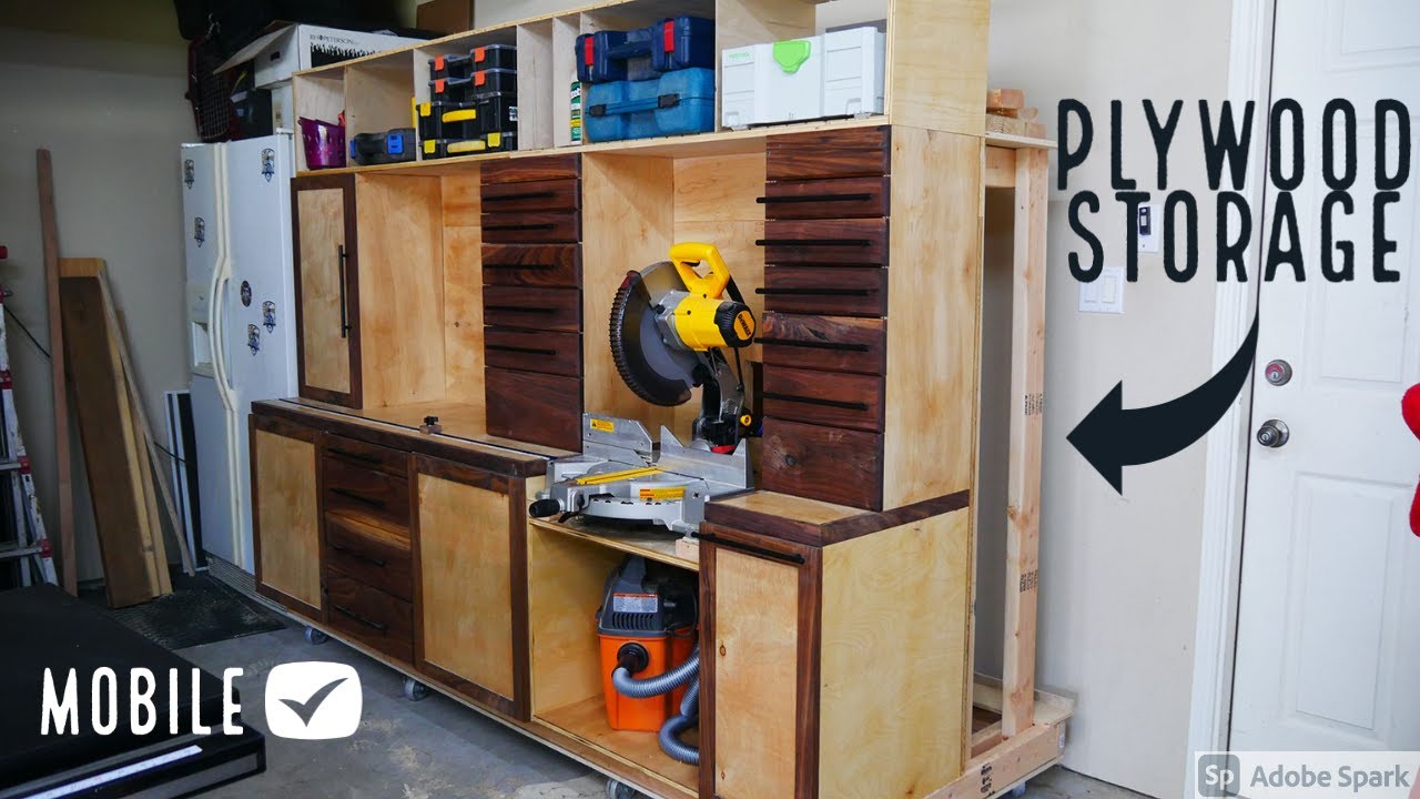 Mobile Miter Saw Station With Plywood and Lumber Storage - YouTube