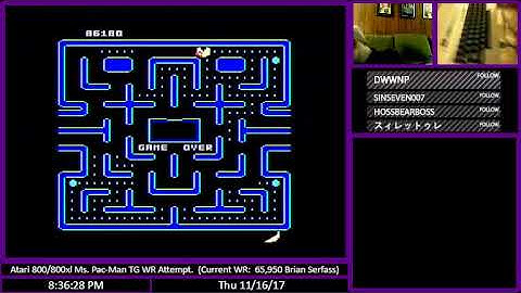 Ms. Pac-Man Atari 400/800/800xl Twin Galaxies World Record - 86,180 Points - CONSOLE Footage