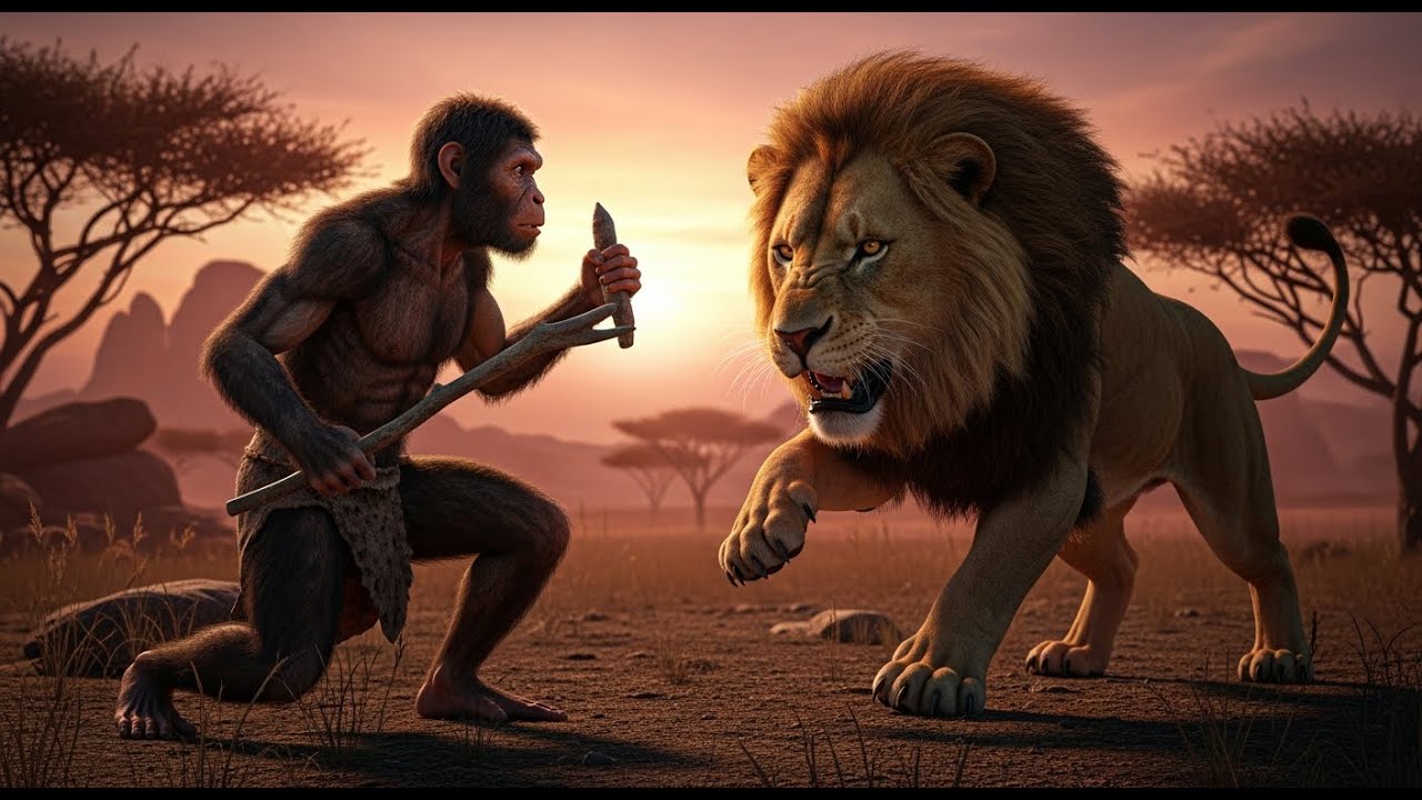 The Untold Story of Survival: Life Million Years Ago | An ancient ape-man confronting a lion