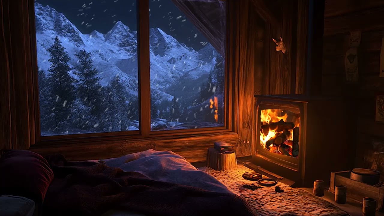 Warm Cabin at Night with Gentle Fireplace Glow for Deep Sleep and Relaxation