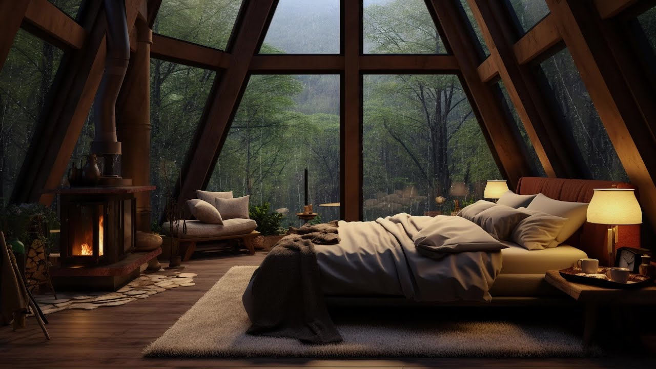 Rainy Attic Room Gentle Rain & Thunder Sounds Crackling Fire Sounds