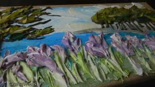 Thick Impasto Acrylic Painting on Burlap Canvas, Time-Lapse, &quot;Crocus by the Lake&quot;