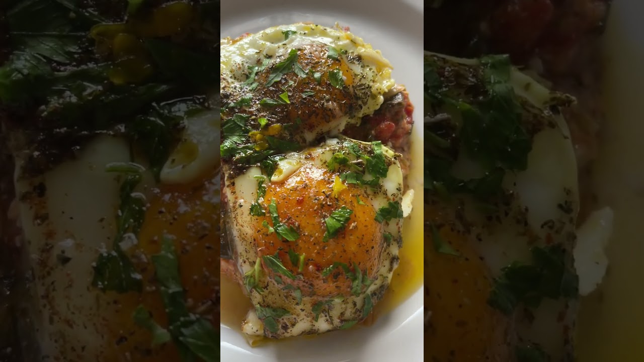 Shakshuka Sunny side up Eggs in tomato sauce with green onions | Breakfast Ideas