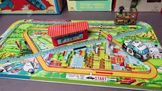 Loco Cab Overland Traffic Wind Up Tin Game TPS Japan 50's Like New Works Train &amp; Police Car.