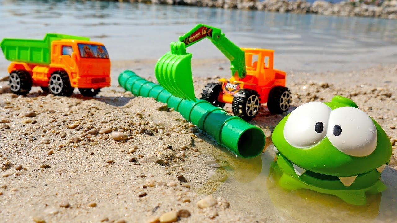 Om Nom Toy's adventures - Learn construction vehicles for kids & Toy excavator and a toy truck.