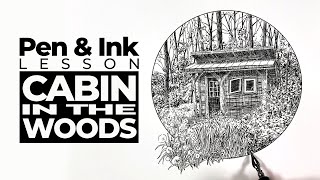 Landscape Drawing with Pen and Ink - Cabin