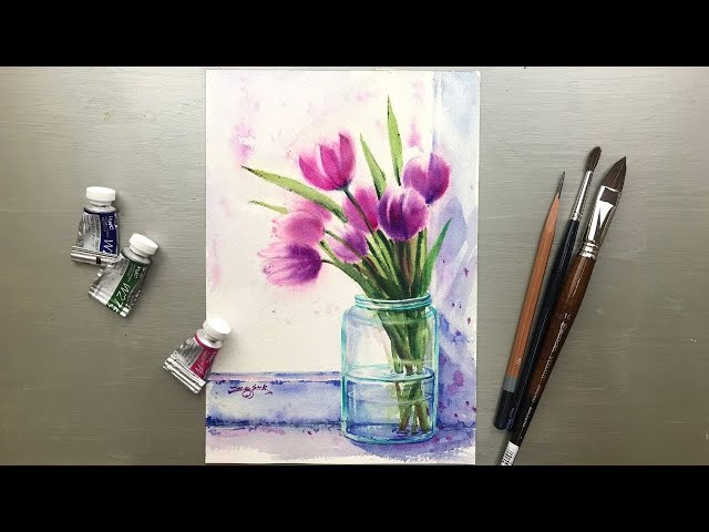 Watercolor Painting - Purple Tulips