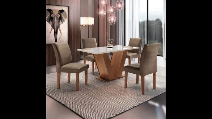 Conjunto de Mesa de Jantar Berlim II com Tampo de Vidro Off White e 4  Cadeiras Grécia Veludo Creme