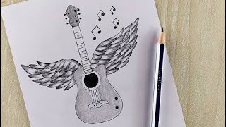 Draw Guitar With Wings And Music - Step By Step Draw Guitar