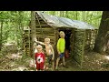Bushcraft log cabin summer camping  swimming