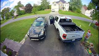 Little boy runs into rear bumper of pickup truck and hits shoulder (Security camera)