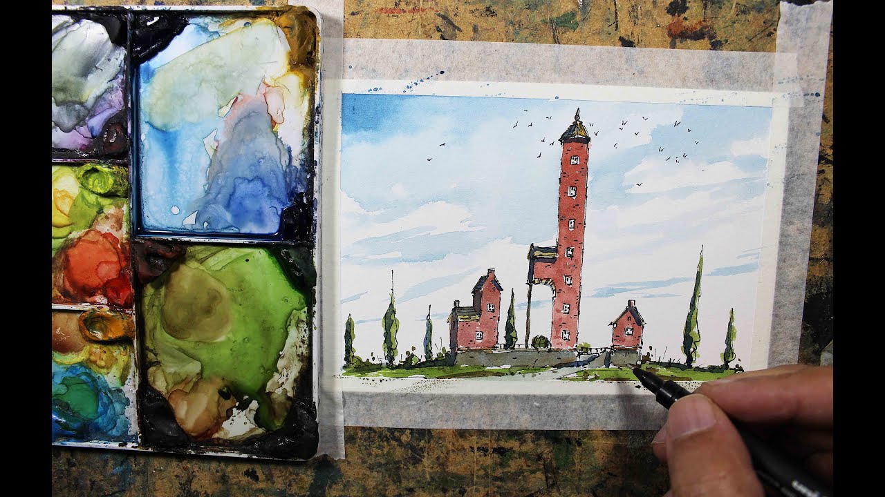 Line and wash doodle building In Full Real Time watercolor by Nil Rocha ...