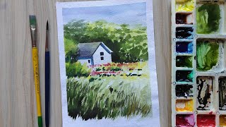 Easy House Scenery Painting for Beginners with Water Color / Simple Landscape Painting