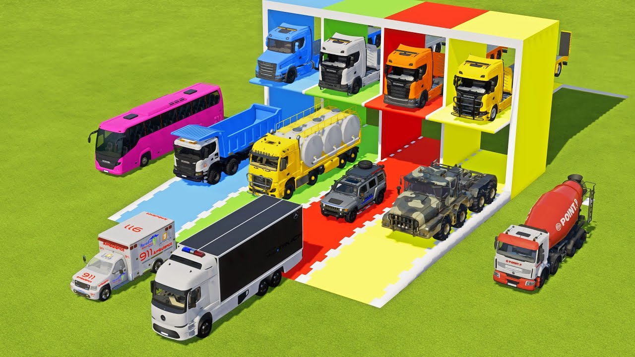 TRANSPORTING MERCEDES MINI BUS, VOLKSWAGEN POLICE, FORD POLICE, MERCEDES FIRE TRUCK TO GARAGE | FS22