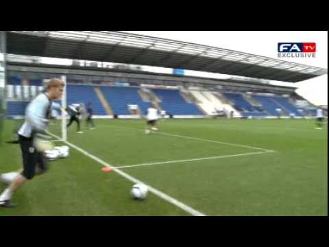 Stuart Pearce's England Under 21's practiced their shooting today ahead of Thursday's game against Iceland. England Under-21s will play in front of a full-house when they take on Iceland at Colchester United's 10000-capacity Weston Homes Community Stadium next month. Tickets are now sold out for the match on Thursday 10 November (7.30pm ko), which will be the Three Lions' latest Euro 2013 Qualifier as they look to reach the Finals, hosted in Israel, for the fourth time in succession. The official Youtube channel of The England Football team with exclusive news, match highlights, player profiles and more. To find out more about the England team visit: thefa.com England on Facebook www.facebook.com Follow us on Twitter twitter.com Standard Tags: "football soccer England FATV interview England U21 national "football team" European championship qualifier "stuart pearce" Alex Oxlade-Chamberlain" "nathan delfouneso" Iceland U21