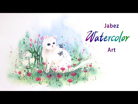 水彩畫《白貓與花叢》畫白貓 / 畫花海《DIY彩繪系列 #192》