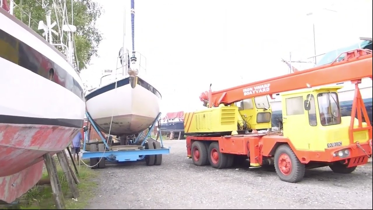 Yacht Scavaig being moved to the Iron Wharf Boatyard - Faversham