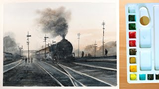 Watercolor painting cityscape winter sunset foggy railway station