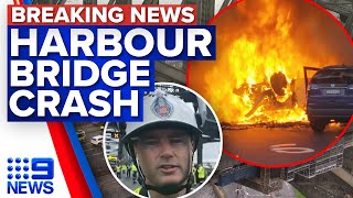 Car bursts into flames after head-on crash on Sydney Harbour Bridge | 9 News Australia