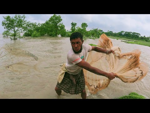 Best River Fishing Video - Cast Net Fishing In Natural River - Fishing After Floods