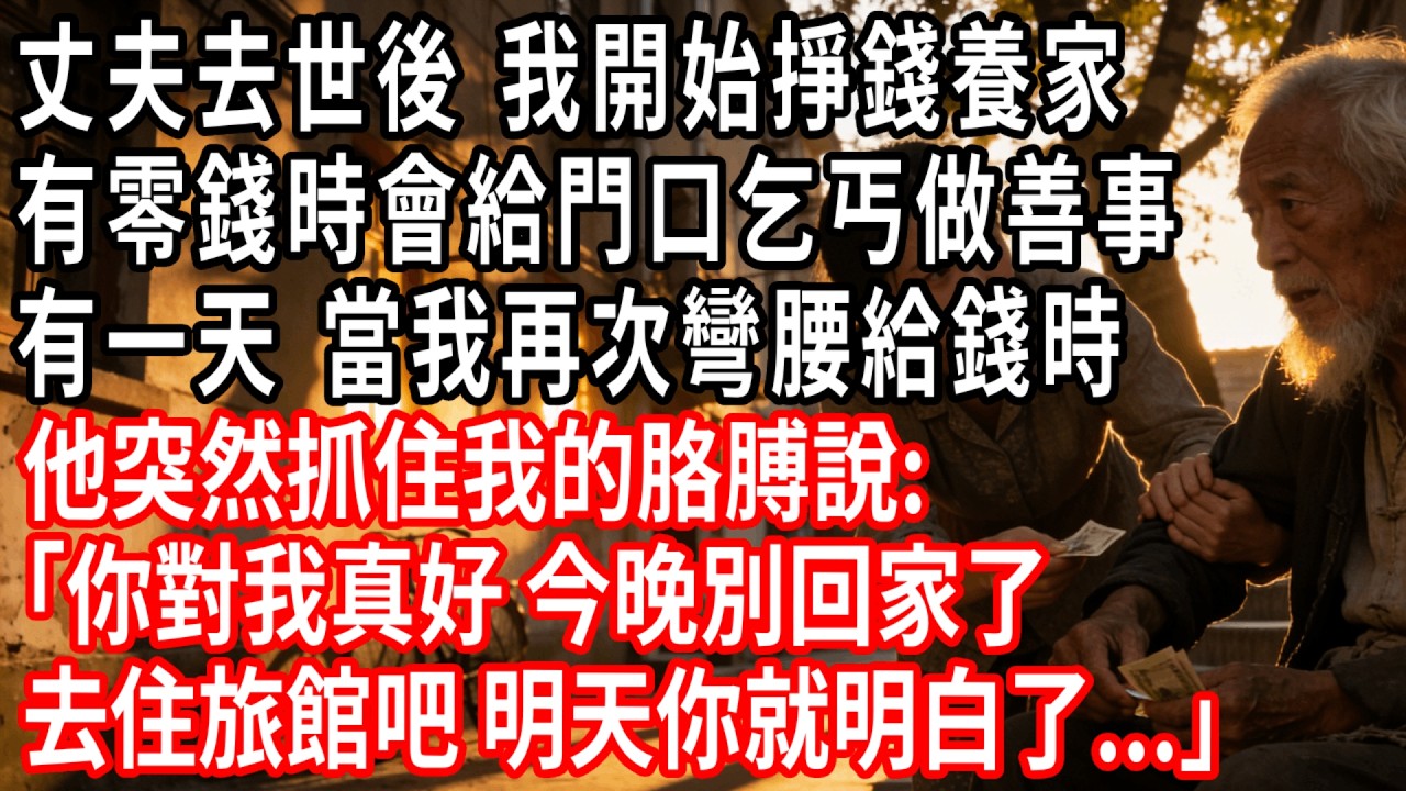 丈夫去世後，我開始掙錢養家，有零錢時會給門口乞丐做善事，一天當我再次彎腰給錢時，他突然抓住我的胳膊說:｢你對我真好，今晚別回家了 ，去住旅館吧，明天你就明白了...｣#情感故事 #人生感悟 #生活经验