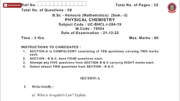 BSC 3RD SEM HONS MATHEMATICS PHYSICAL CHEMISTRY DEC 2022 | PTU