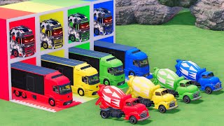 Trucks With COLORS - CHEVY MIXER TRUCK and MERCEDES BOX TRUCK with FLATBED TRAILER TRUCK - FS22