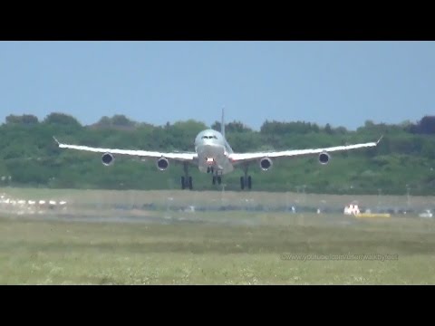 Crosswind landing and takeoff of VIP Qatar A340-300 at Hamburg Airport