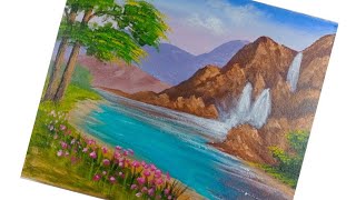 Waterfall Landscape Painting\Easy acrylic step by step painting for beginners#easylandscapepainting