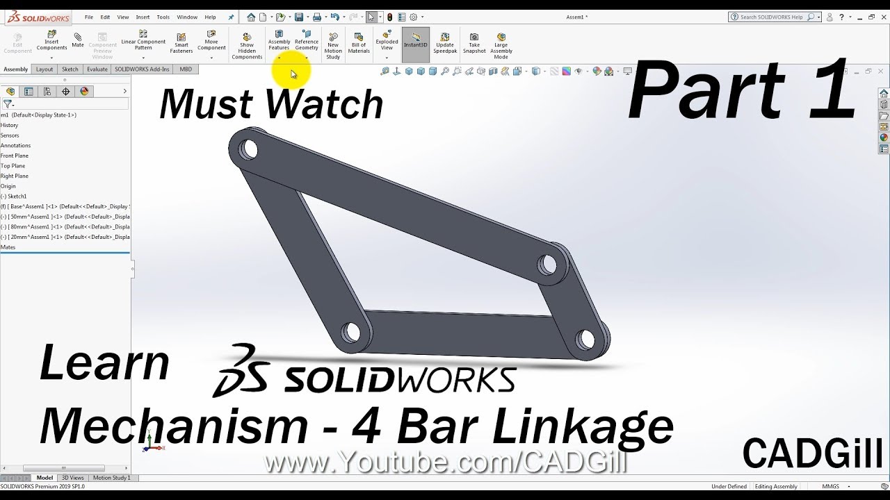Mechanism Part 1 - 4 Bar Linkage Modeling  Simulation Video Tutorial Solidworks
