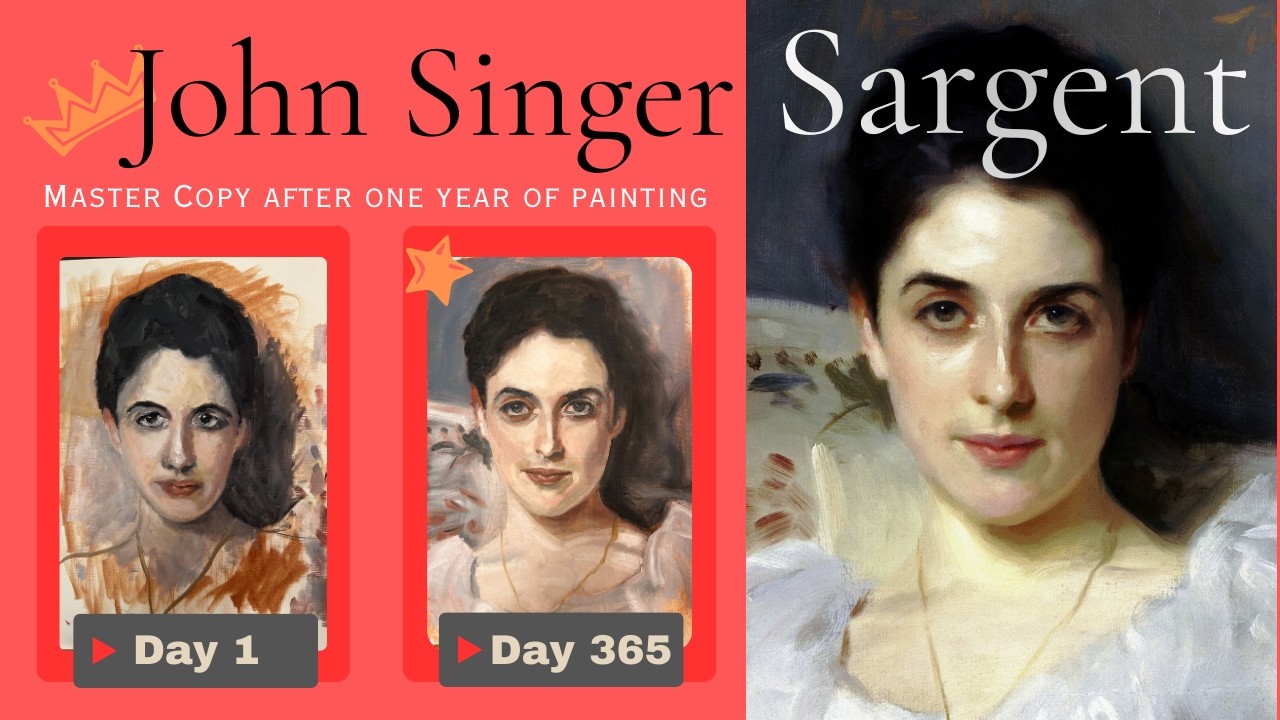 John Singer Sargent Lady Agnew Master Copy - beginner paints the same portrait one year apart.