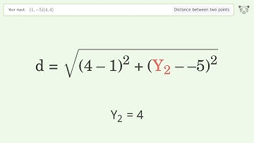 Find the distance between two points p1 (1,-5) and p2 (4,4): Step-by-Step Video Solution
