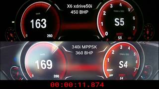 BMW 340i M Performance 360 bhp vs BMW X6 xdrive50i 450 bhp 0-250 Km/h