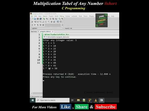 Multiplication Table of any Number | C programming Exercise 💻| C Language Tutorial #shorts #coding