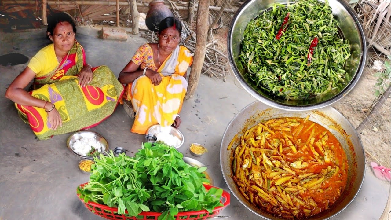 methi shak vaji&small fish curry cooking and eating by santali tribe women||rural India village