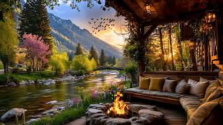 Serene Sitting Porch by the Spring River — Sunset Cabin Ambience with Campfire & Nature Sounds 🌅🔥🌿