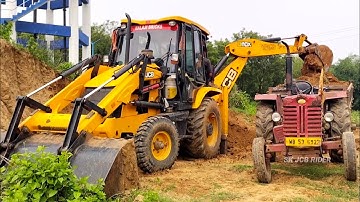 Jcb 3dx Backhoe Loader Machine Loading Red 2 Mud In Mahindra 475 Di And 295 Di Turbo Tractor | Jcb