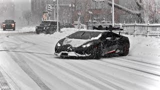 Huracan Performante Drifting in Snow Storm - Snowboarding Behind The Lambo!