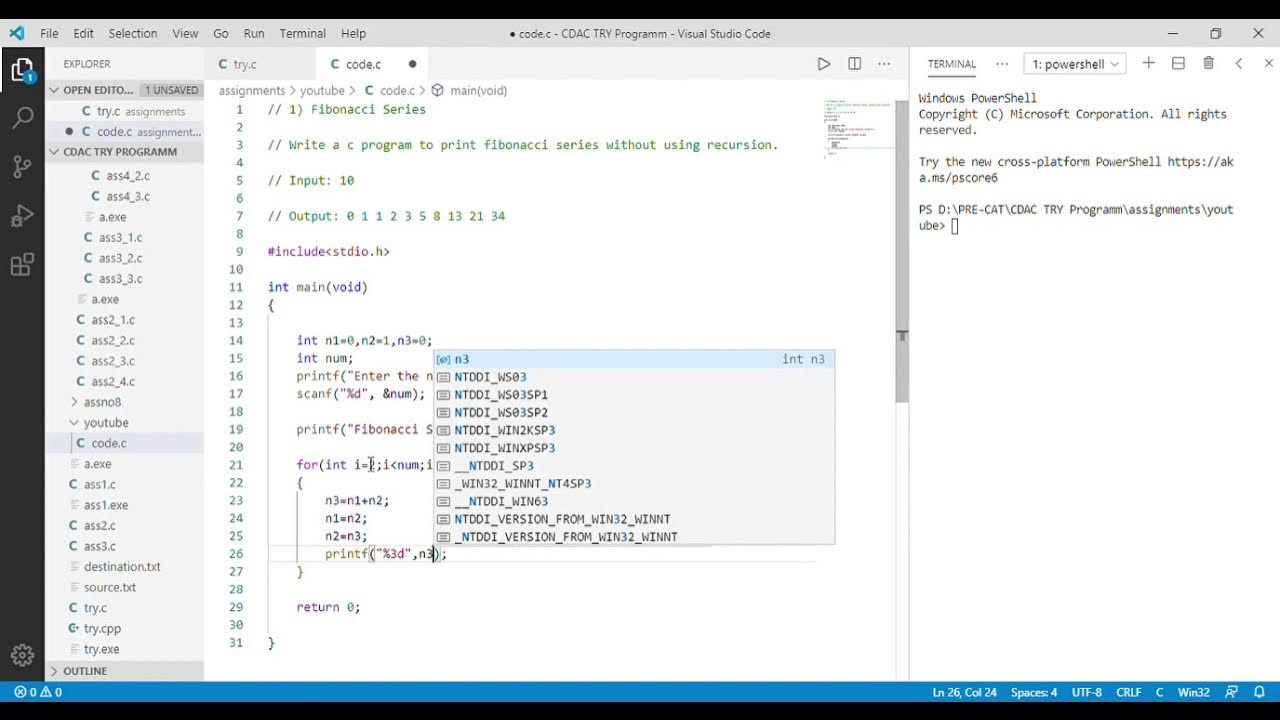 Fibonacci series||Write a c program to print the Fibonacci series ...