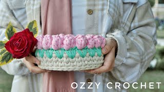 كروشيه باسكت الزهور بالتفصيل _Crochet flower basket with T-shirt yarn #ozzy_crochet