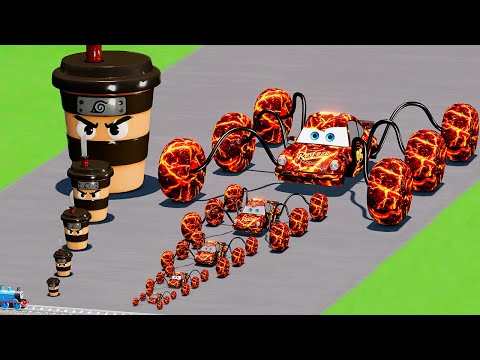 Big & Small Cappuccino Assassino vs Lava Porsche Monster Truck McQueen vs Trains BeamNG.drive