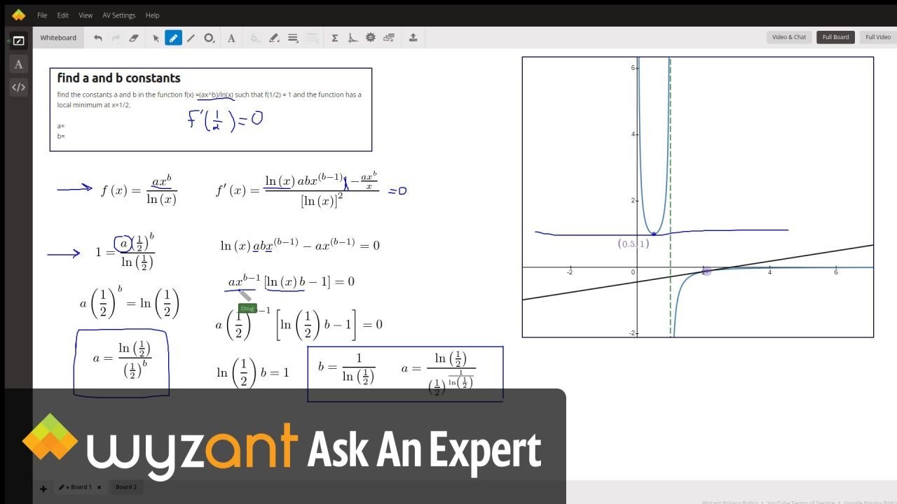 Given f(x) = ax^b/ln(x) find constants a and b such that f(1/2)=1 and f'(1/2) = 0.