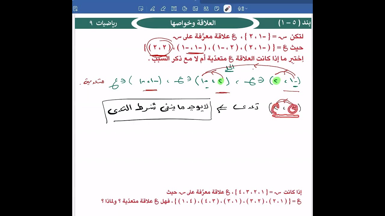   بند (٥-١) العلاقة وخواصها.  الجزء الثالث (خاصية التعدي ). رياضيات الصف التاسع